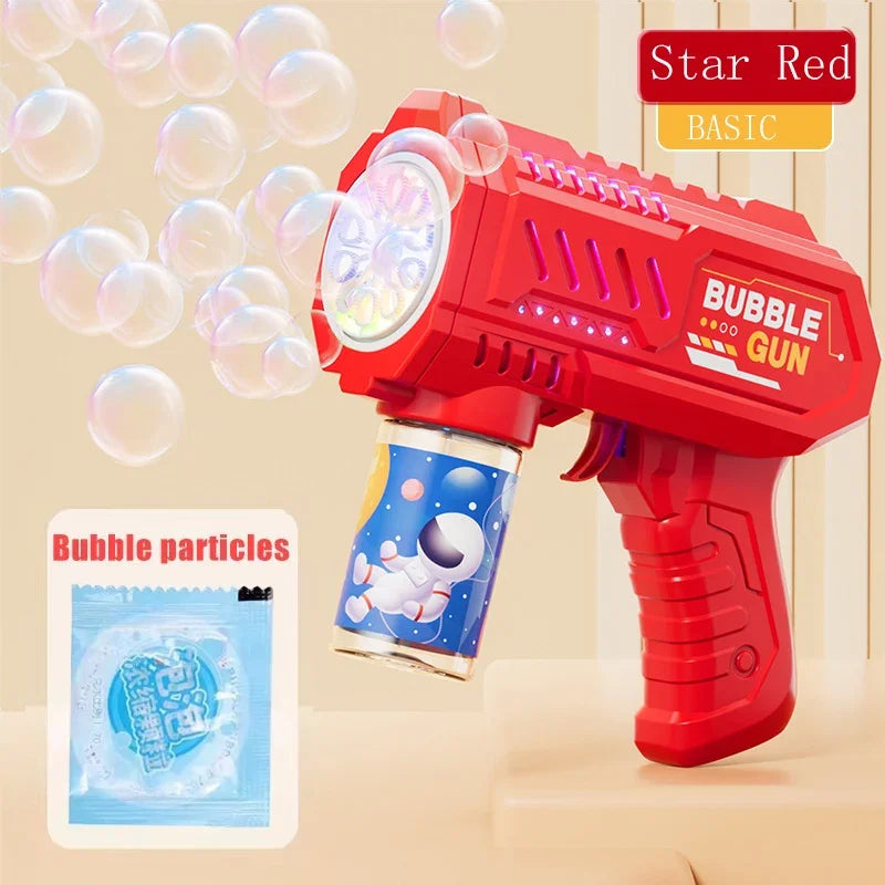6-hole Dinosaur Bubble Machine Electric Bubble Gun with Light Fully Automatic Bubble Gun Automatic Soap Blower Outdoor Game Toy - red