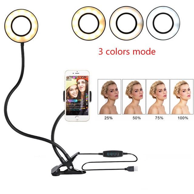 Adjustable LED selfie light for makeup and live streaming with 3 colors and 10 brightness levels