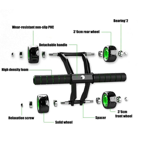 Four-wheeled abdominal roller for home fitness and muscle building exercises targeting the core