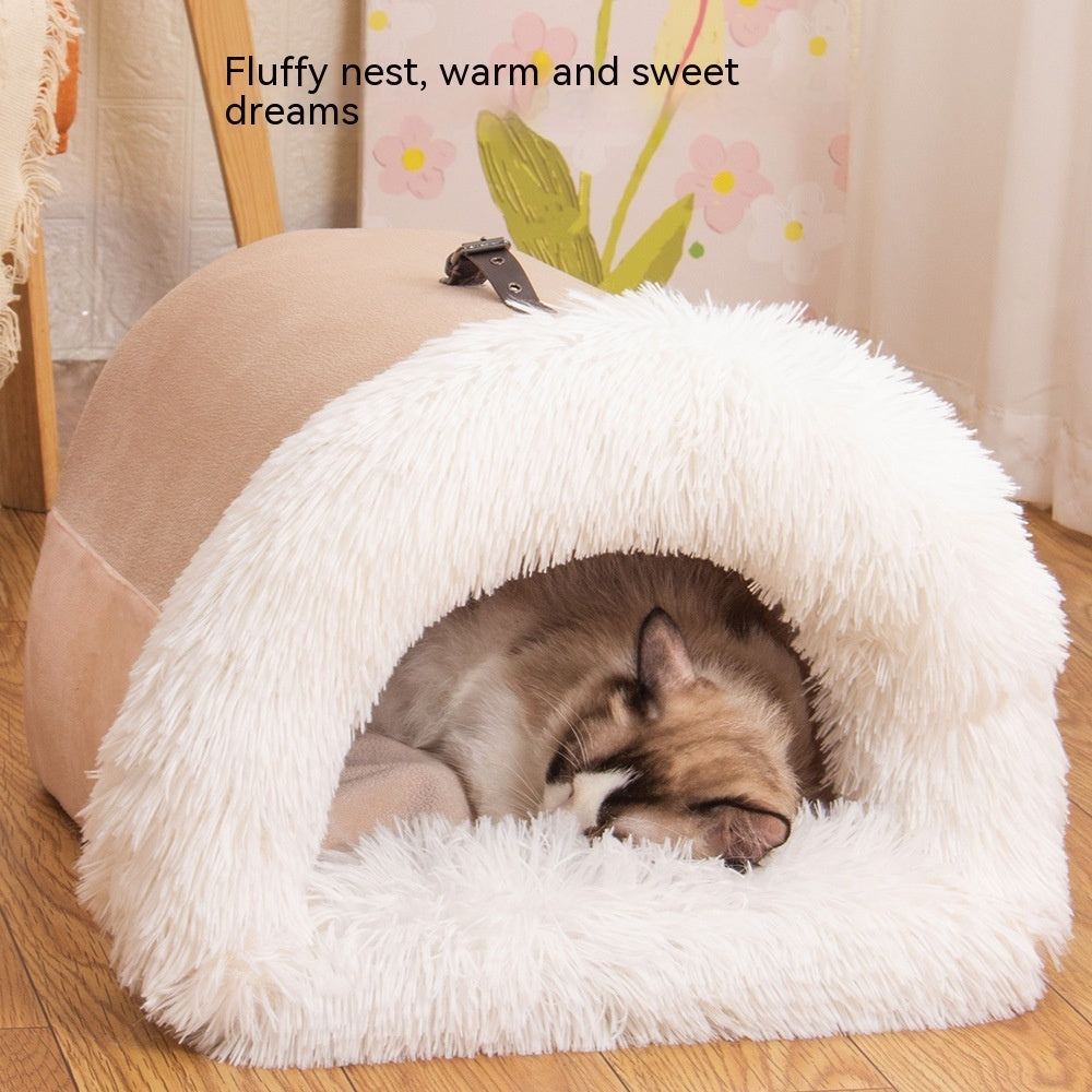 Splice portable pet nest in pink striped plush for autumn and winter dogs and cats